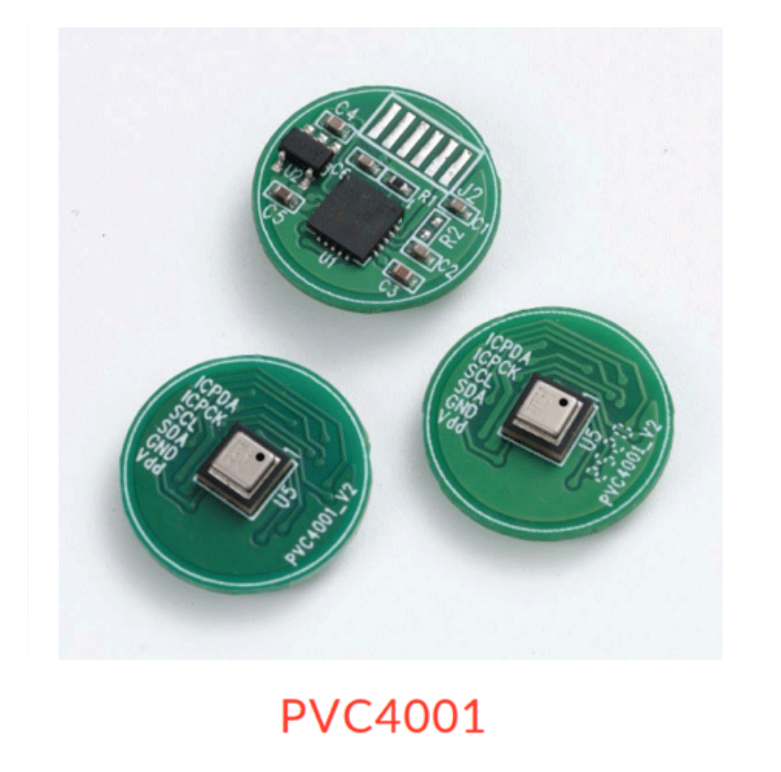 Product photo of Posifa's PVC4001 processor, that is a small round, green circuit board